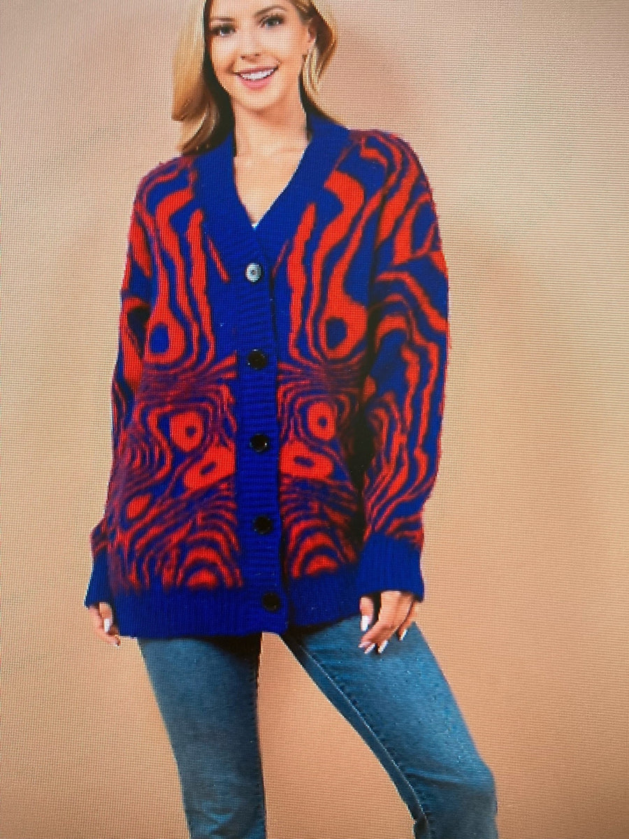 Jess Blue and Orange Swirl V- Neck Button Down Cardigan