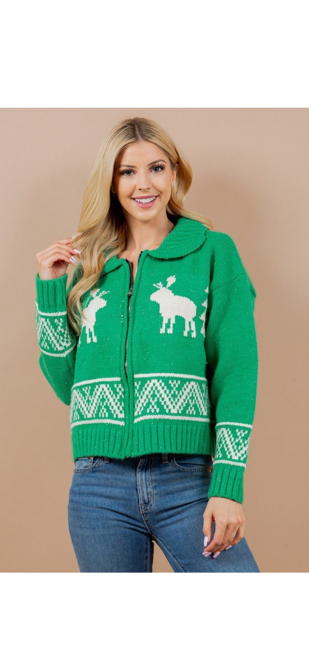 Bay Green Deer Zip Sweater