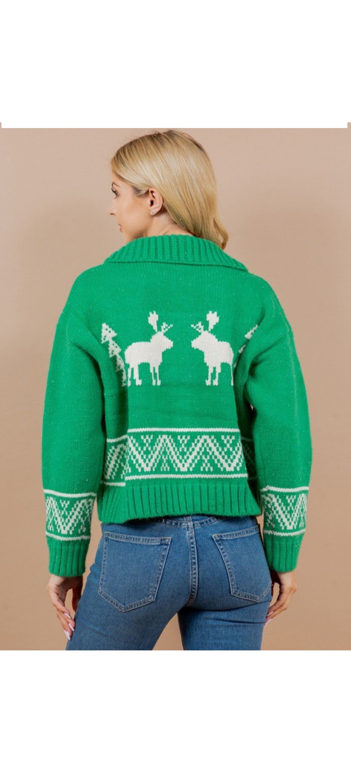 Bay Green Deer Zip Sweater