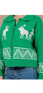 Bay Green Deer Zip Sweater