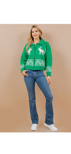 Bay Green Deer Zip Sweater