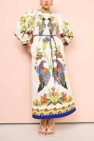 Eleanor Peacock Print Dress With Belt and Pockets