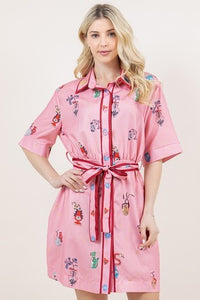 Leslie Pink Graphic Button Down Dress With Pockets~ Pre Order Ships 2-28