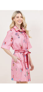 Leslie Pink Graphic Button Down Dress With Pockets~ Pre Order Ships 2-28