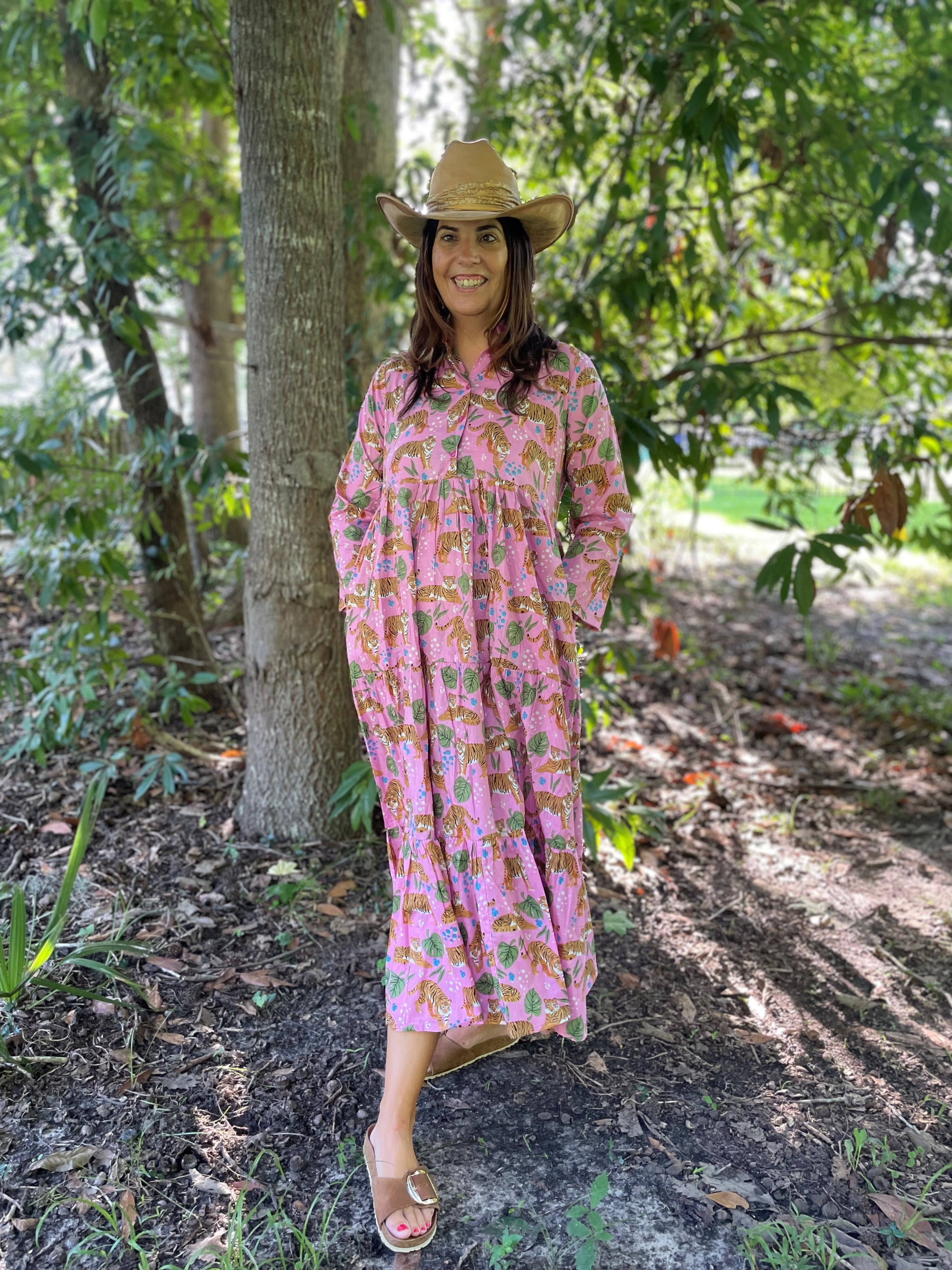 Lucy Pink Tiger Print Dress 3/4 Length Sleeves With Pockets