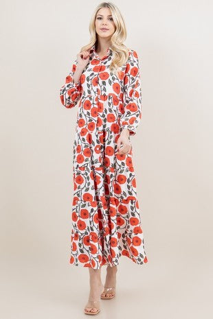 Mable Orange Flower Print Button Down Dress