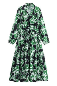 Shannon Black and Green Floral Print Long Sleeve Dress